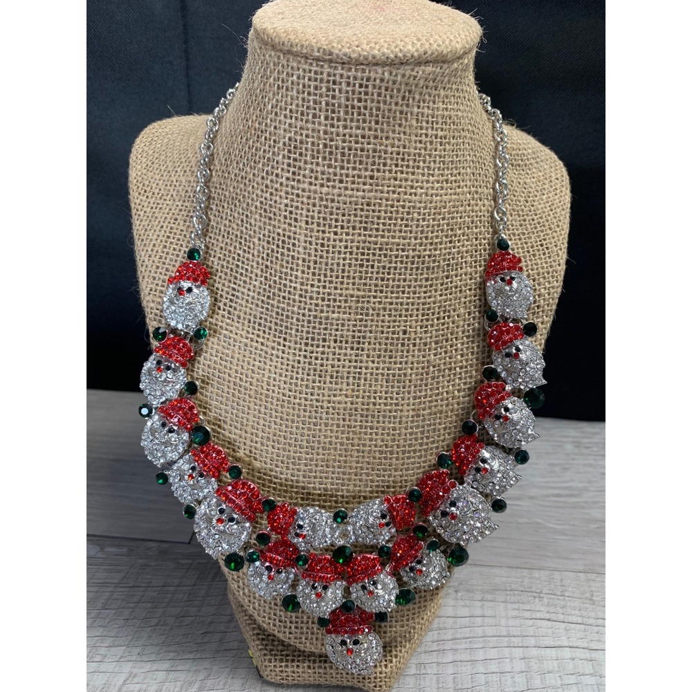 Silver Tone Santa Claus Rhinestone Bib Necklace Christmas Holiday Statement 18"